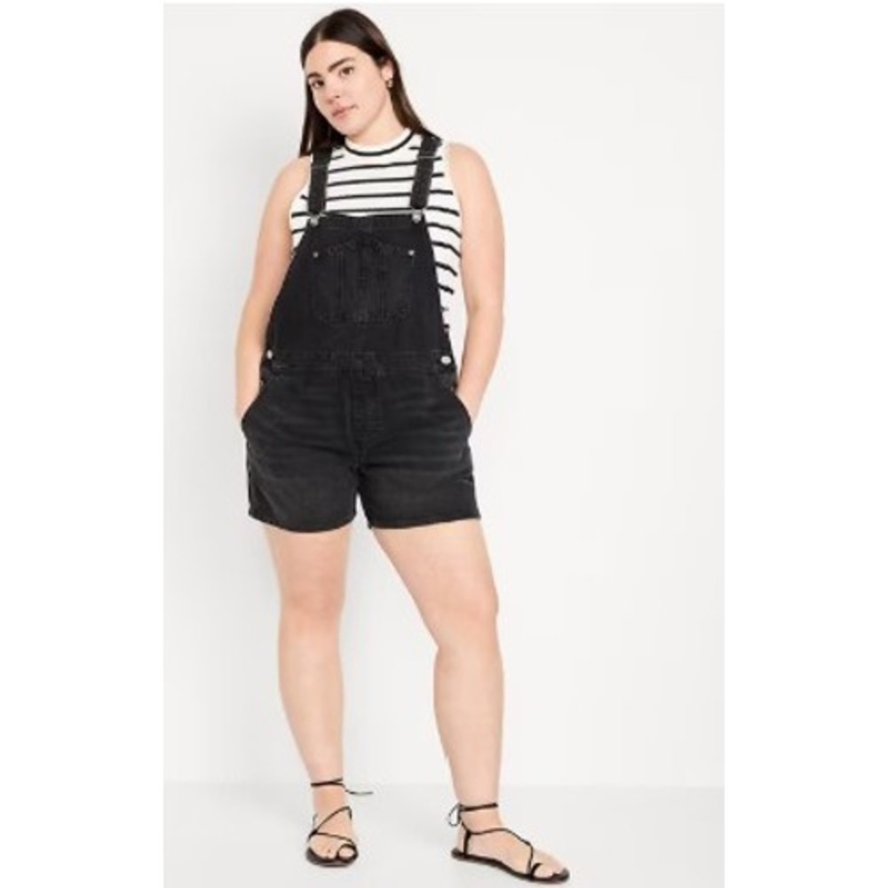 Old Navy Womens 4X Black Slouchy Denim Shortalls Overalls Bib Shorts Plus Size